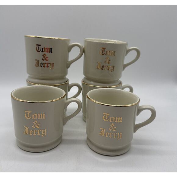 Vtg MCM Hall Tom & Jerry 8 Oz Cream Cups With Gold Trim Set Of 6 - Picture 2 of 5